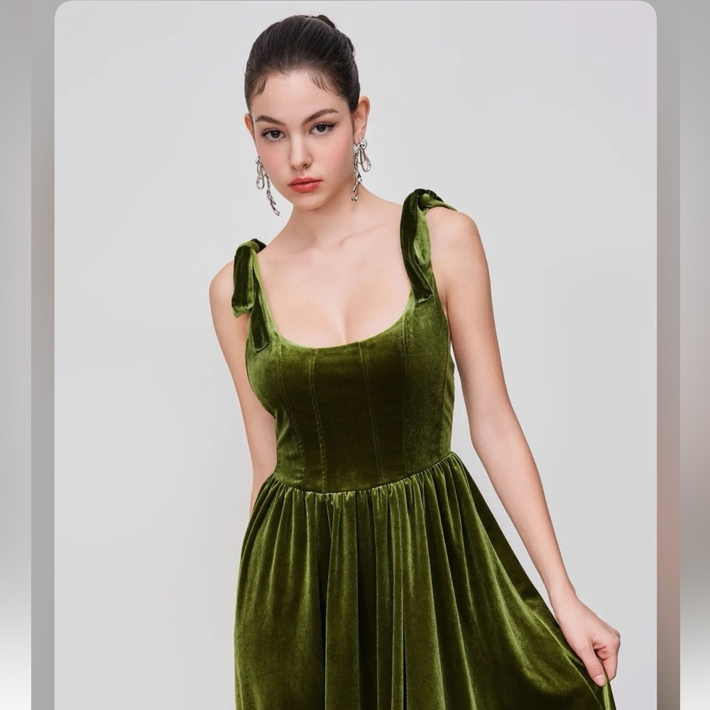 Cider Olive Green Velvet Midi Dress with Tie Straps